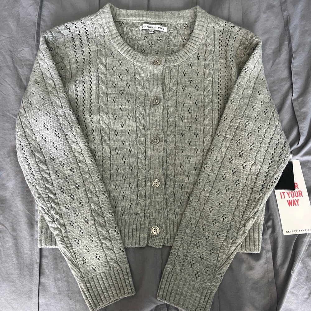 Celebrity Pink Gray Cable-Knit Button Cardigan Sweater